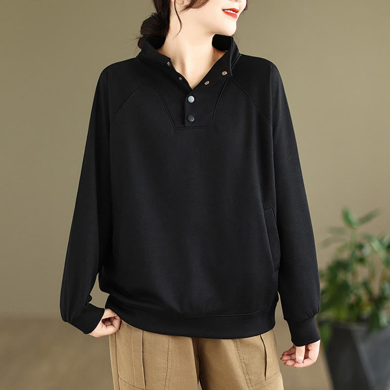 Sweat-shirt en coton à manches longues pour femme, orné de boutons et d'un col montant uni à motif de Buddha Stones - Noir - US8-10，UK/AU12-14，EU40-42 (2XL) - image 0