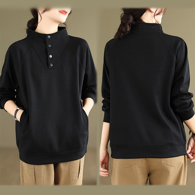 Sweat-shirt en coton à manches longues pour femme, orné de boutons et d'un col montant uni à motif de Buddha Stones - image 4