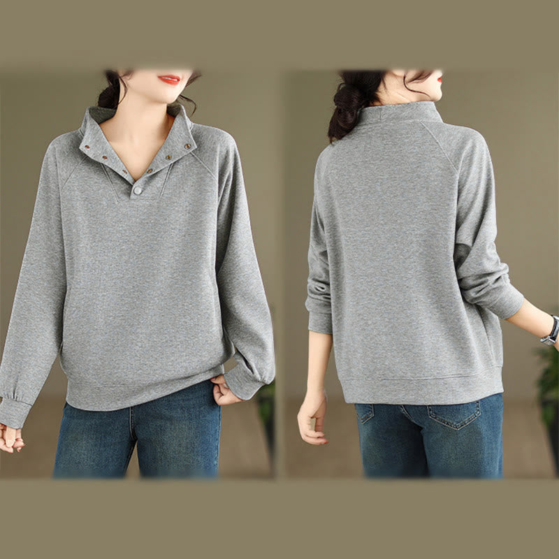 Sweat-shirt en coton à manches longues pour femme, orné de boutons et d'un col montant uni à motif de Buddha Stones - image 9