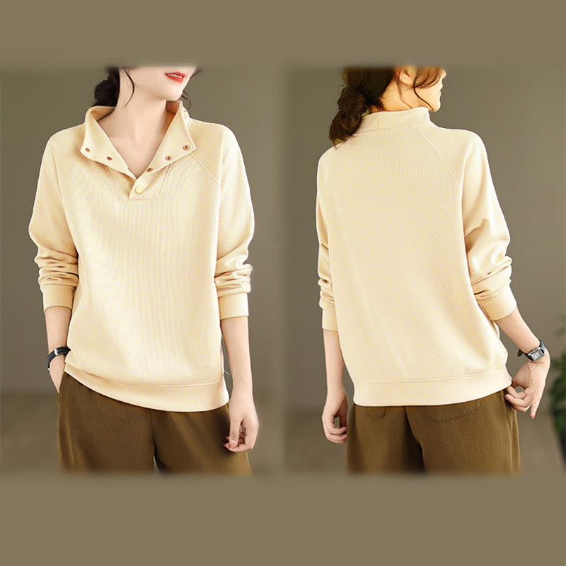 Sweat-shirt en coton à manches longues pour femme, orné de boutons et d'un col montant uni à motif de Buddha Stones - image 14