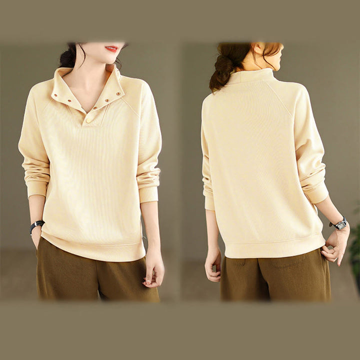 Sweat-shirt en coton à manches longues pour femme, orné de boutons et d'un col montant uni à motif de Buddha Stones - image 14