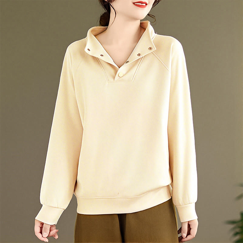 Sweat-shirt en coton à manches longues pour femme, orné de boutons et d'un col montant uni à motif de Buddha Stones - image 12