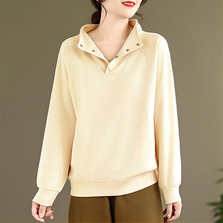 Sweat-shirt en coton à manches longues pour femme, orné de boutons et d'un col montant uni à motif de Buddha Stones - image 12