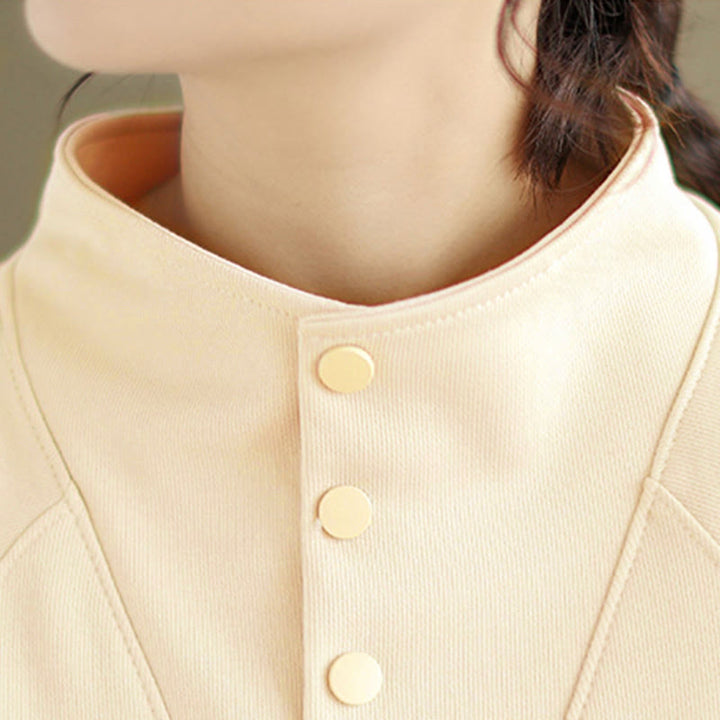 Sweat-shirt en coton à manches longues pour femme, orné de boutons et d'un col montant uni à motif de Buddha Stones - image 15