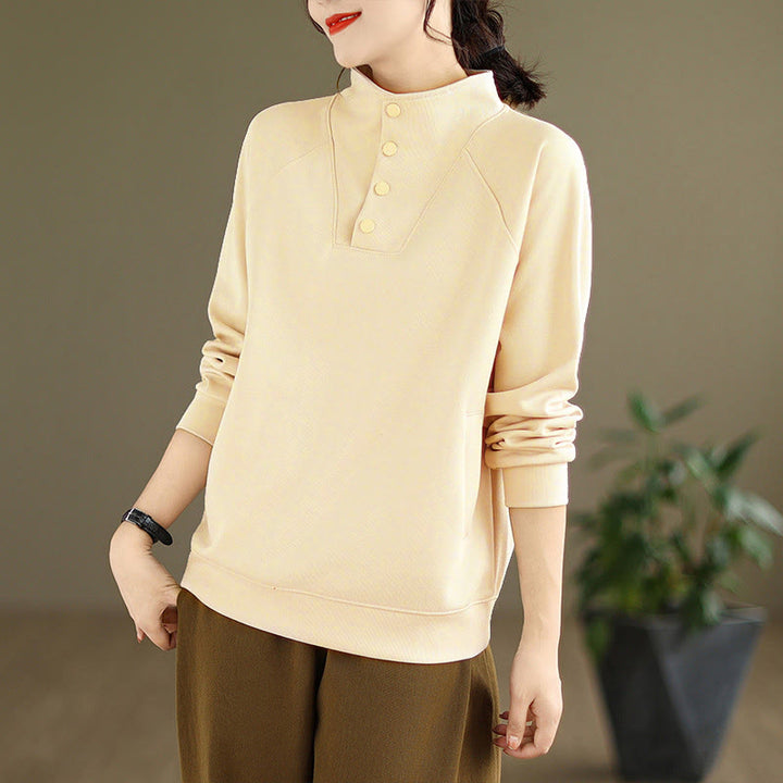 Sweat-shirt en coton à manches longues pour femme, orné de boutons et d'un col montant uni à motif de Buddha Stones - image 13