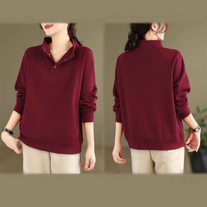 Sweat-shirt en coton à manches longues pour femme, orné de boutons et d'un col montant uni à motif de Buddha Stones - image 35