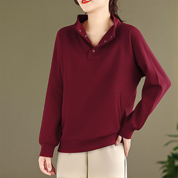 Sweat-shirt en coton à manches longues pour femme, orné de boutons et d'un col montant uni à motif de Buddha Stones - image 34