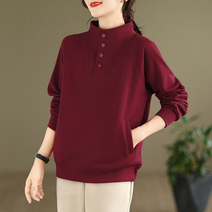 Sweat-shirt en coton à manches longues pour femme, orné de boutons et d'un col montant uni à motif de Buddha Stones - image 32