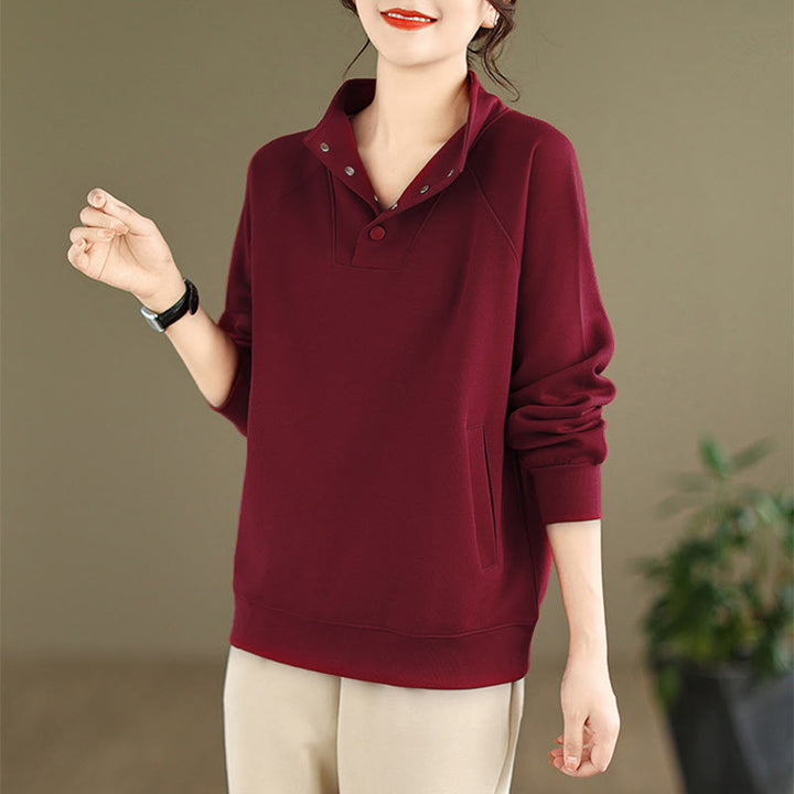 Sweat-shirt en coton à manches longues pour femme, orné de boutons et d'un col montant uni à motif de Buddha Stones - image 33