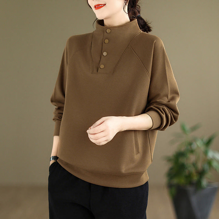 Sweat-shirt en coton à manches longues pour femme, orné de boutons et d'un col montant uni à motif de Buddha Stones - SaddleBrown - US8-10，UK/AU12-14，EU40-42 (2XL) - image 26