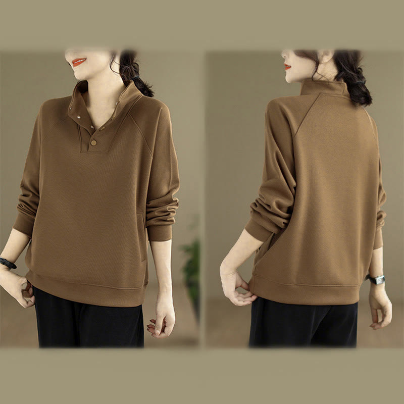 Sweat-shirt en coton à manches longues pour femme, orné de boutons et d'un col montant uni à motif de Buddha Stones - image 29