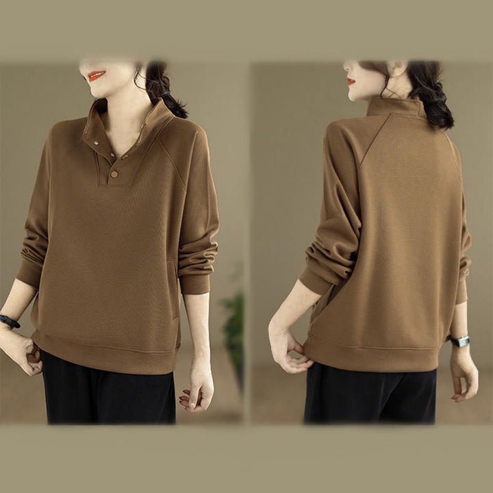 Sweat-shirt en coton à manches longues pour femme, orné de boutons et d'un col montant uni à motif de Buddha Stones - image 29