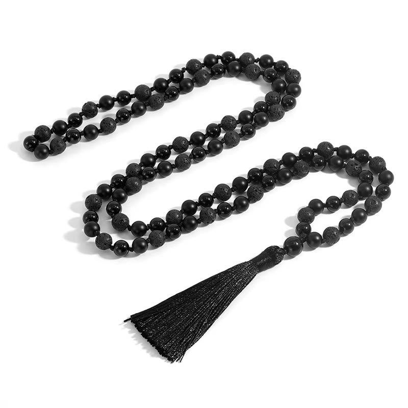 Buddha Stones, onyx noir, pierre de lave, pompon, mala de protection et de fortune - Onyx noir et roche de lave - image 1