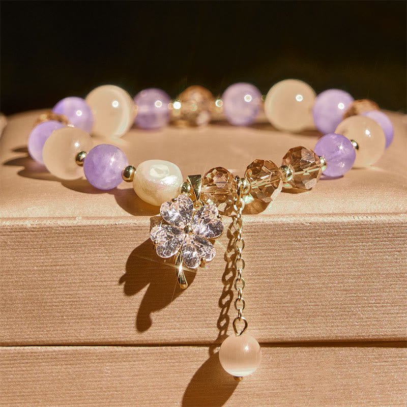 Bracelet d'équilibre en Buddha Stones, trèfle à quatre feuilles, améthyste, citrine, quartz fraise vert, quartz rutile et quartz rutile. - image 1