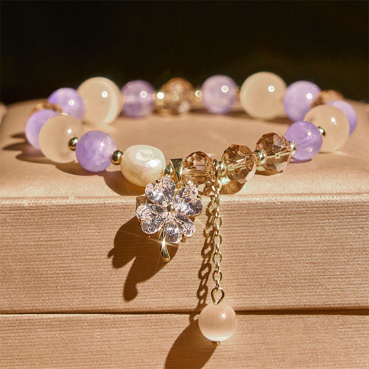 Bracelet d'équilibre en Buddha Stones, trèfle à quatre feuilles, améthyste, citrine, quartz fraise vert, quartz rutile et quartz rutile. - image 1