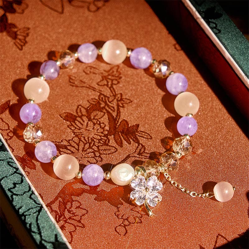 Bracelet d'équilibre en Buddha Stones, trèfle à quatre feuilles, améthyste, citrine, quartz fraise vert, quartz rutile et quartz rutile. - Améthyste (Tour de poignet : 15-17 cm) - image 0