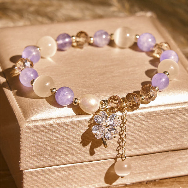 Bracelet d'équilibre en Buddha Stones, trèfle à quatre feuilles, améthyste, citrine, quartz fraise vert, quartz rutile et quartz rutile. - image 3