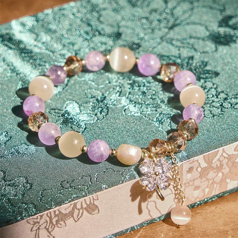 Bracelet d'équilibre en Buddha Stones, trèfle à quatre feuilles, améthyste, citrine, quartz fraise vert, quartz rutile et quartz rutile. - image 2