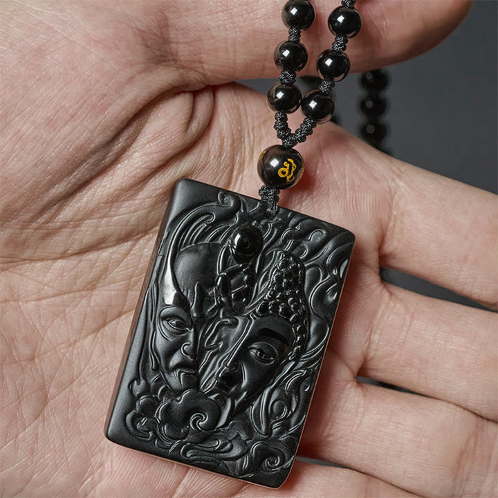 Buddha Stones, mi-démon mi-Bouddha, pendentif en obsidienne noire, symbole de force et de force, motif en relief mi-démon mi-Bouddha. Collier - image 2