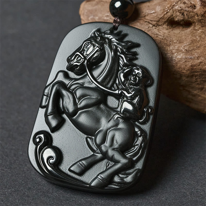 Buddha Stones Année du Cheval Motif Singe Om Mani Padme Hum Collier Pendentif Force en Obsidienne Noire Pierres de Bouddha Année du Cheval - Cheval et singe - image 10