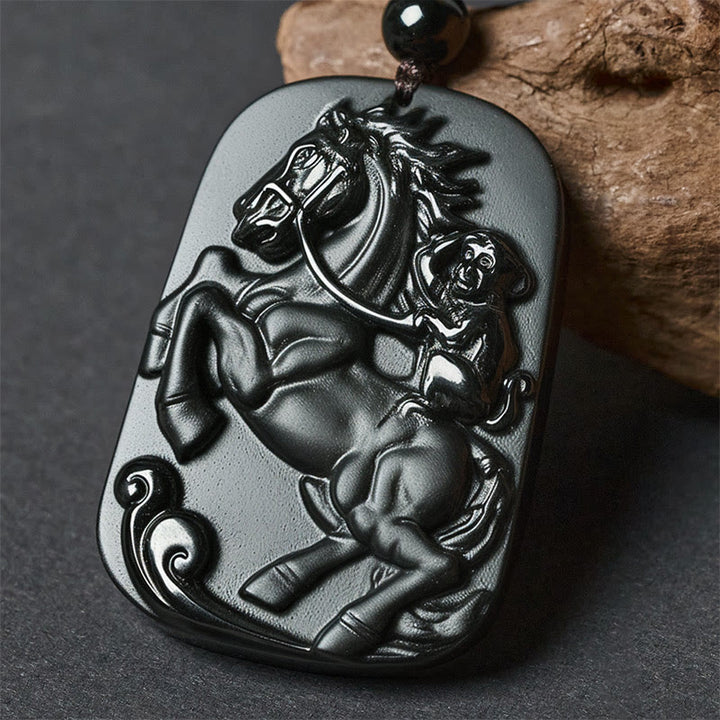 Buddha Stones Année du Cheval Motif Singe Om Mani Padme Hum Collier Pendentif Force en Obsidienne Noire Pierres de Bouddha Année du Cheval - Cheval et singe - image 10