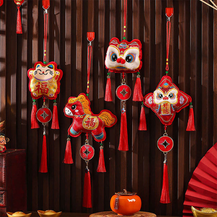 Broderie de Buddha Stones Année du Cheval Personnage Fu Pièce de cuivre en forme de pièce de monnaie avec cordon rouge Décoration suspendue - image 16