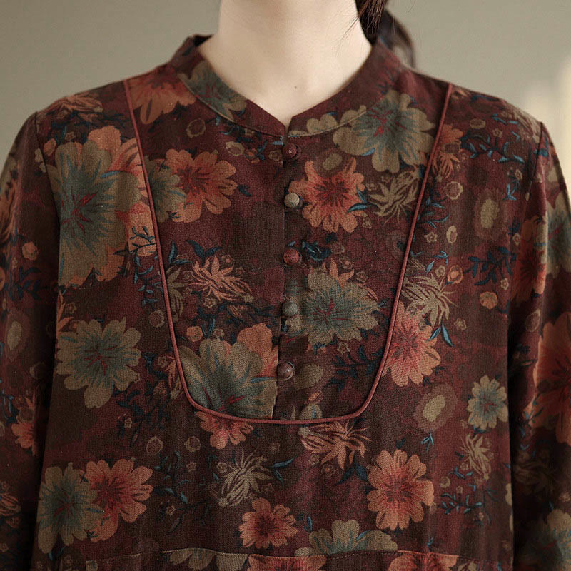 Robe midi en coton à manches longues et poches, motif floral et Buddha Stones - image 9