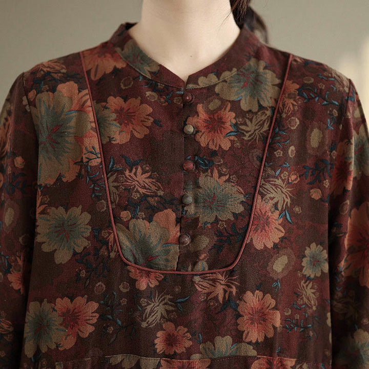 Robe midi en coton à manches longues et poches, motif floral et Buddha Stones - image 9