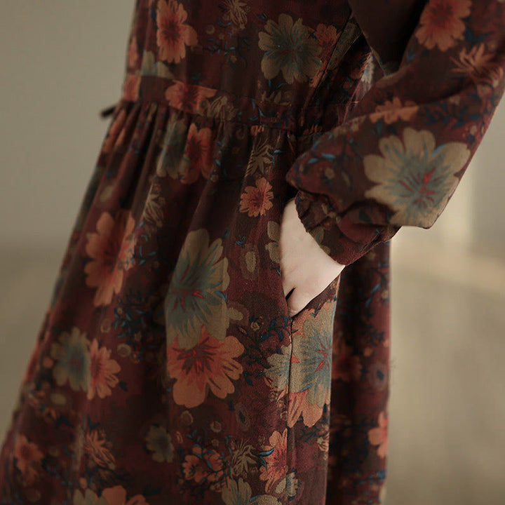 Robe midi en coton à manches longues et poches, motif floral et Buddha Stones - image 7