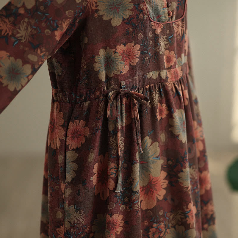 Robe midi en coton à manches longues et poches, motif floral et Buddha Stones - image 8