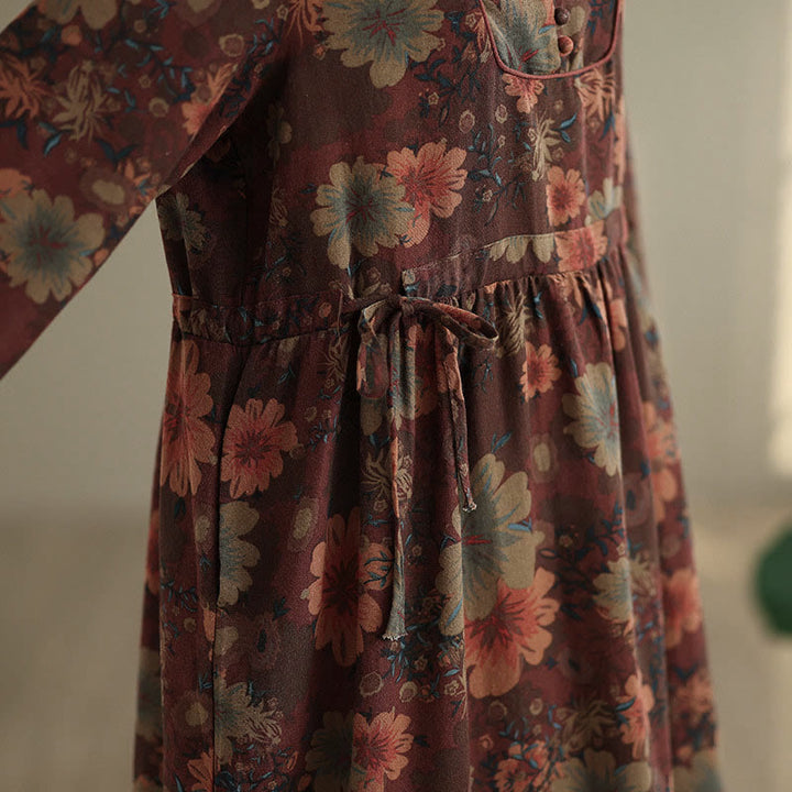 Robe midi en coton à manches longues et poches, motif floral et Buddha Stones - image 8