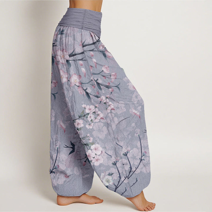 Pantalon harem à taille élastique pour femme, en coton, Buddha Stones, fleurs de pêcher et oies en vol - image 9