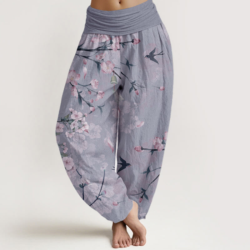 Pantalon harem à taille élastique pour femme, en coton, Buddha Stones, fleurs de pêcher et oies en vol - Bleuet - US22，UK/AU26，EU54 (6XL) - image 7