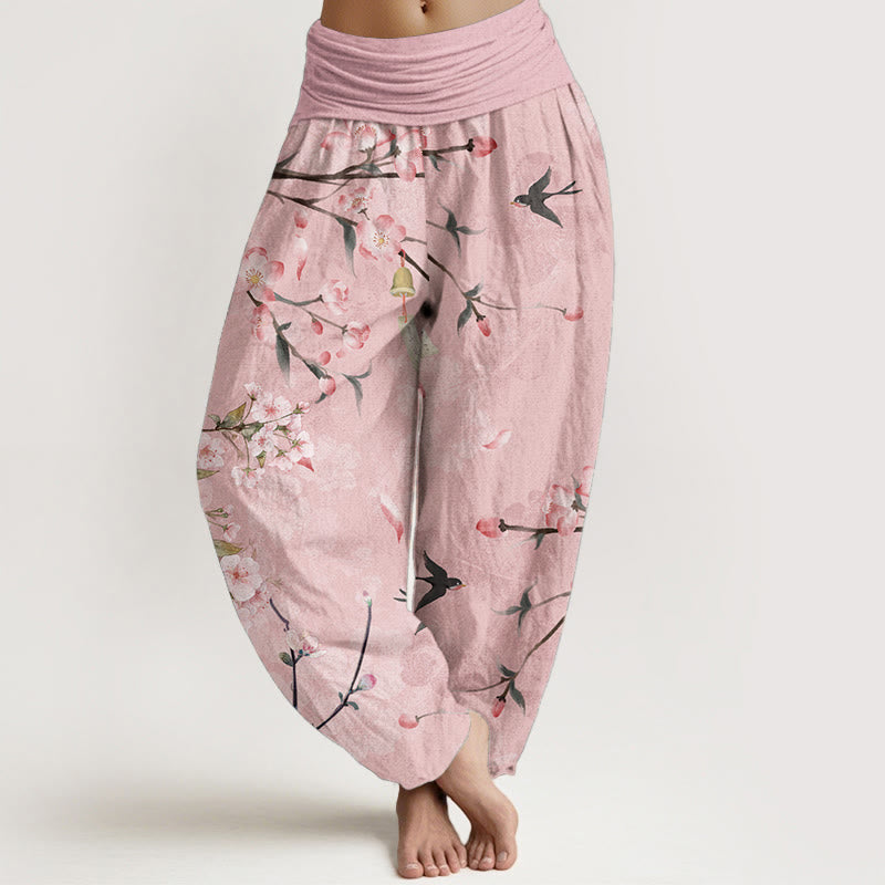 Pantalon harem à taille élastique pour femme, en coton, Buddha Stones, fleurs de pêcher et oies en vol - Rose - US22，UK/AU26，EU54 (6XL) - image 4
