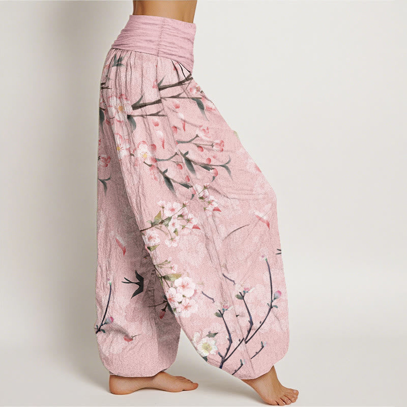 Pantalon harem à taille élastique pour femme, en coton, Buddha Stones, fleurs de pêcher et oies en vol - image 6