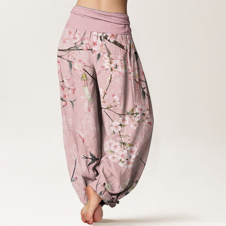 Pantalon harem à taille élastique pour femme, en coton, Buddha Stones, fleurs de pêcher et oies en vol - image 5