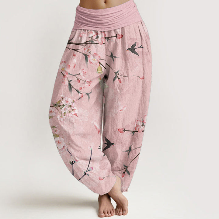 Pantalon harem à taille élastique pour femme, en coton, Buddha Stones, fleurs de pêcher et oies en vol - Rose - US22，UK/AU26，EU54 (6XL) - image 4