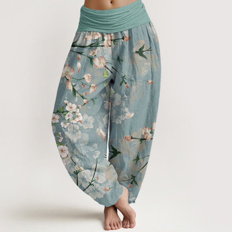 Pantalon harem à taille élastique pour femme, en coton, Buddha Stones, fleurs de pêcher et oies en vol - Aigue-marine moyenne - US22，UK/AU26，EU54 (6XL) - image 0