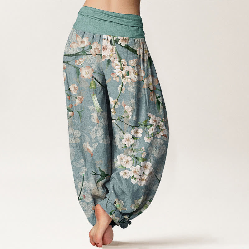 Pantalon harem à taille élastique pour femme, en coton, Buddha Stones, fleurs de pêcher et oies en vol - image 1