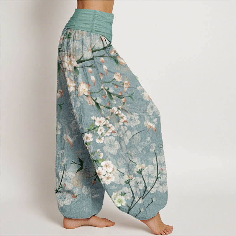 Pantalon harem à taille élastique pour femme, en coton, Buddha Stones, fleurs de pêcher et oies en vol - image 2