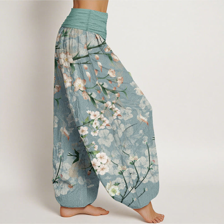 Pantalon harem à taille élastique pour femme, en coton, Buddha Stones, fleurs de pêcher et oies en vol - image 2