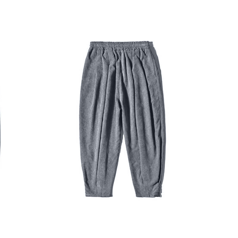 Pantalon harem rétro pour homme en velours côtelé uni doublé polaire, design simple, avec poches, de la Buddha Stones. - image 33