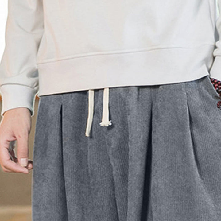 Pantalon harem rétro pour homme en velours côtelé uni doublé polaire, design simple, avec poches, de la Buddha Stones. - image 22