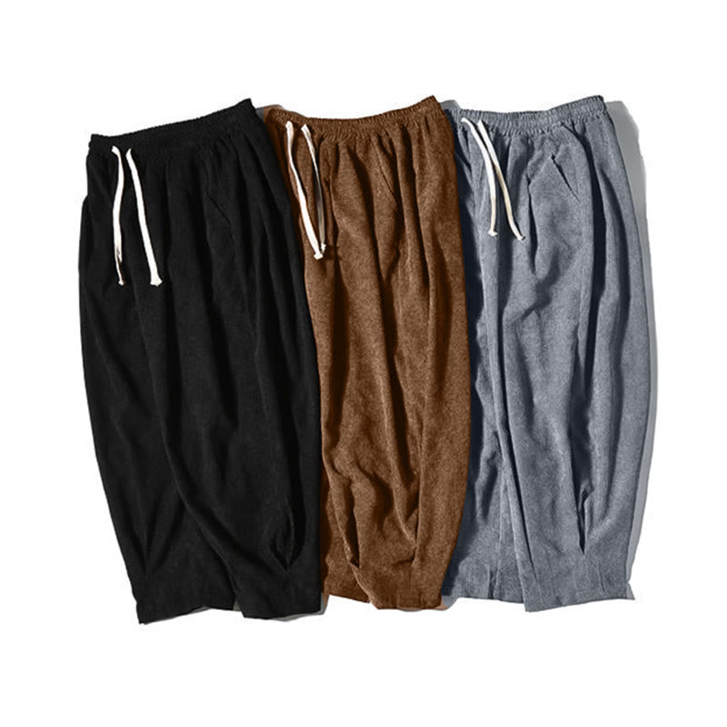 Pantalon harem rétro pour homme en velours côtelé uni doublé polaire, design simple, avec poches, de la Buddha Stones. - image 47