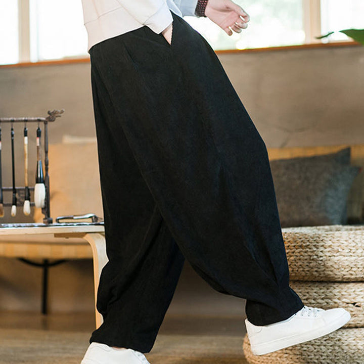 Pantalon harem rétro pour homme en velours côtelé uni doublé polaire, design simple, avec poches, de la Buddha Stones. - image 43