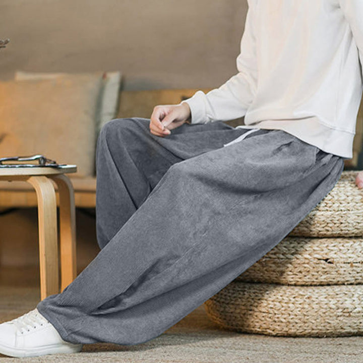 Pantalon harem rétro pour homme en velours côtelé uni doublé polaire, design simple, avec poches, de la Buddha Stones. - image 21