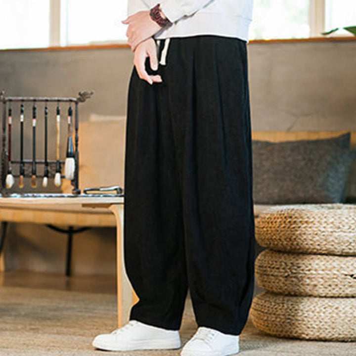 Pantalon harem rétro pour homme en velours côtelé uni doublé polaire, design simple, avec poches, de la Buddha Stones. - image 38