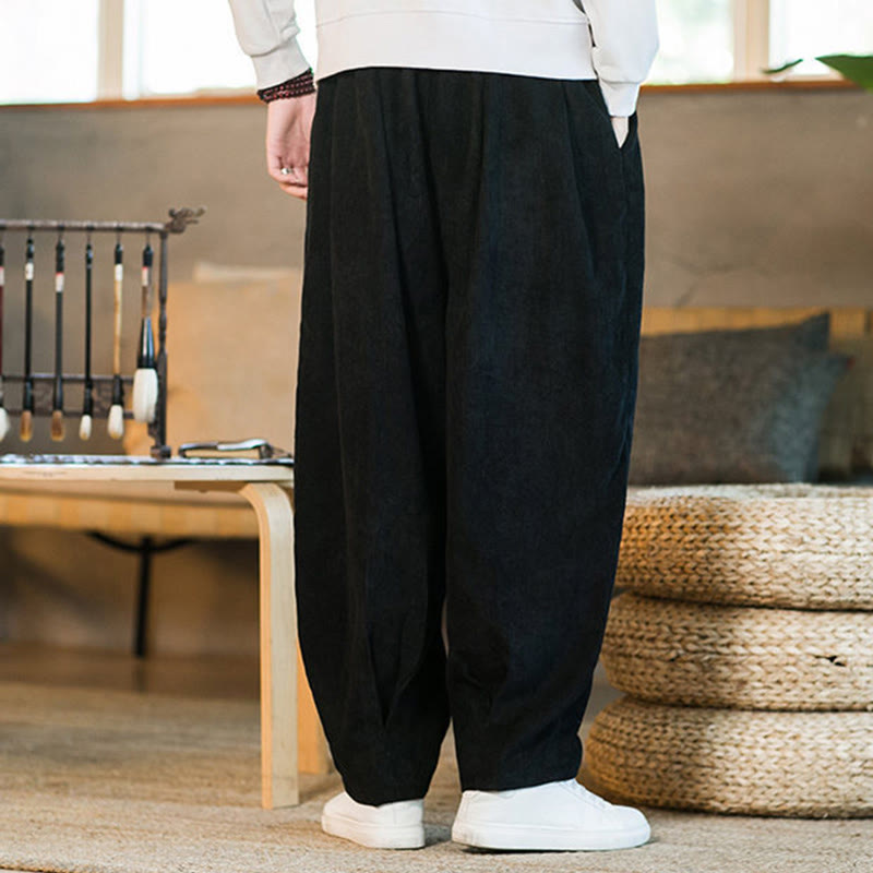 Pantalon harem rétro pour homme en velours côtelé uni doublé polaire, design simple, avec poches, de la Buddha Stones. - image 42