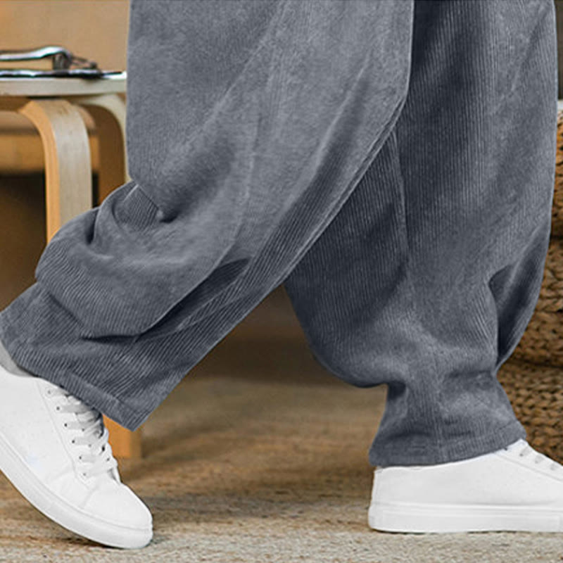 Pantalon harem rétro pour homme en velours côtelé uni doublé polaire, design simple, avec poches, de la Buddha Stones. - image 25