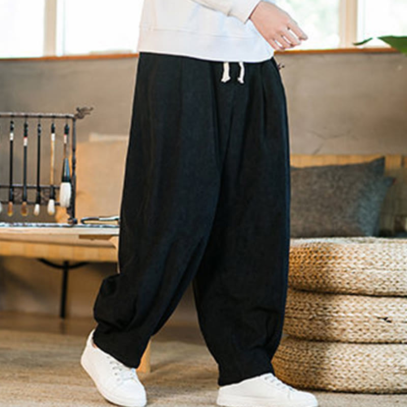 Pantalon harem rétro pour homme en velours côtelé uni doublé polaire, design simple, avec poches, de la Buddha Stones. - image 39